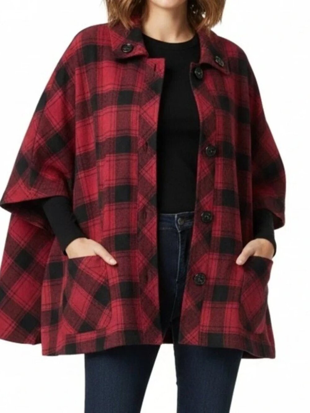 2/$30 Coldwater Creek Buffalo Plaid Wool Blend Cape Poncho w Pockets Red #A2090
